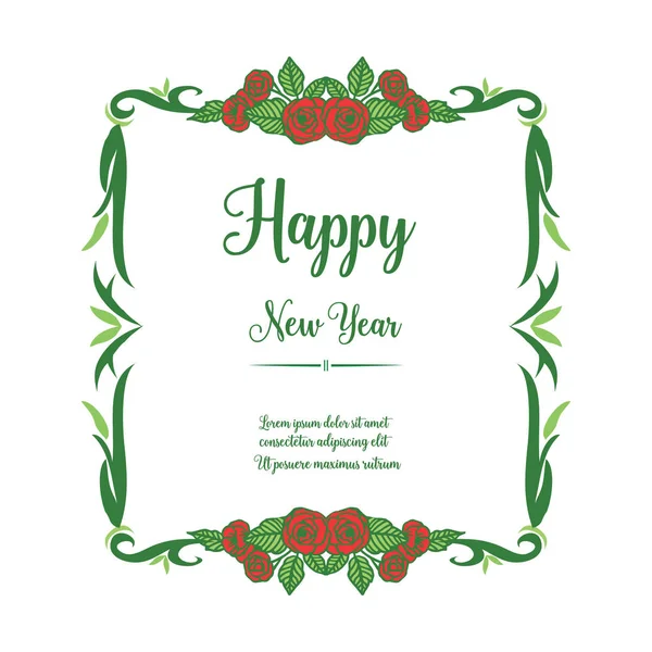 Greeting card happy new year, with beautiful red rose flower frame. Vector — Stock Vector