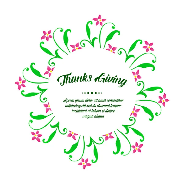 Musterkarte des Dankes, mit grünem Blätterrahmen und rosa Blume. Vektor — Stockvektor