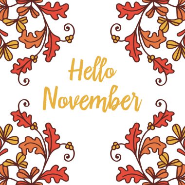 Sonbahar yaprak çerçeve dekoratif ile beyaz zemin üzerinde Merhaba Kasım Lettering. Vektör