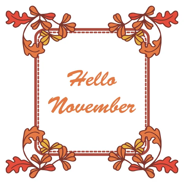 Design element av kort Hello november, med skiss höstlöv ram. Vektor — Stock vektor