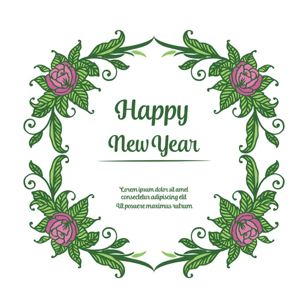 Text happy new year with vintage style green leafy flower frame. Vector — Stock Vector