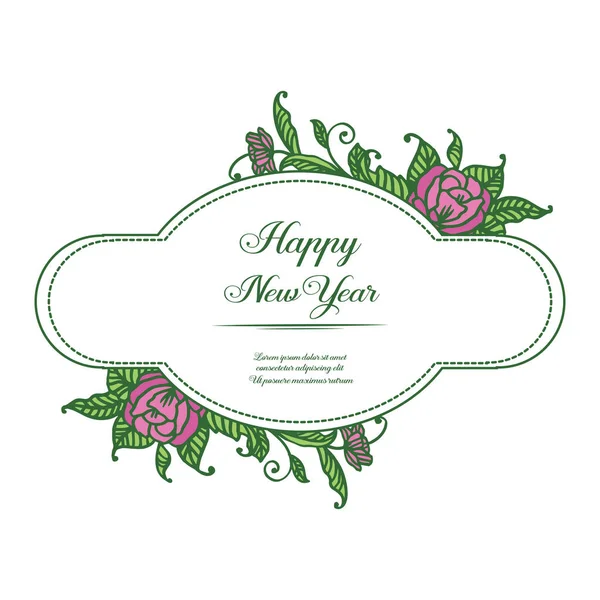 Design text of happy new year, ornament green leafy flower frame. Vector — Stock Vector