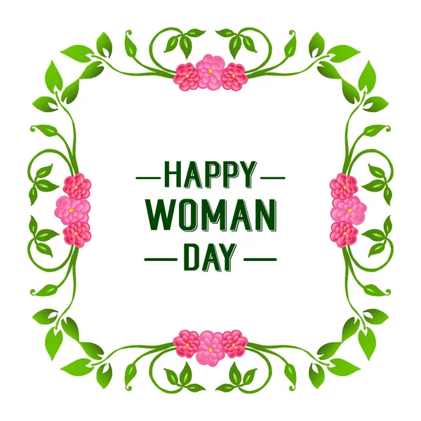 Lettering happy woman day, with design green leafy floral frame. Vector — Stock Vector