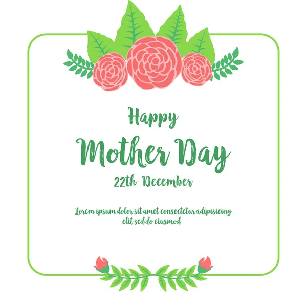 Lettering of mother day, with plant of green leaves frame and rose flower. Vector — Stock Vector