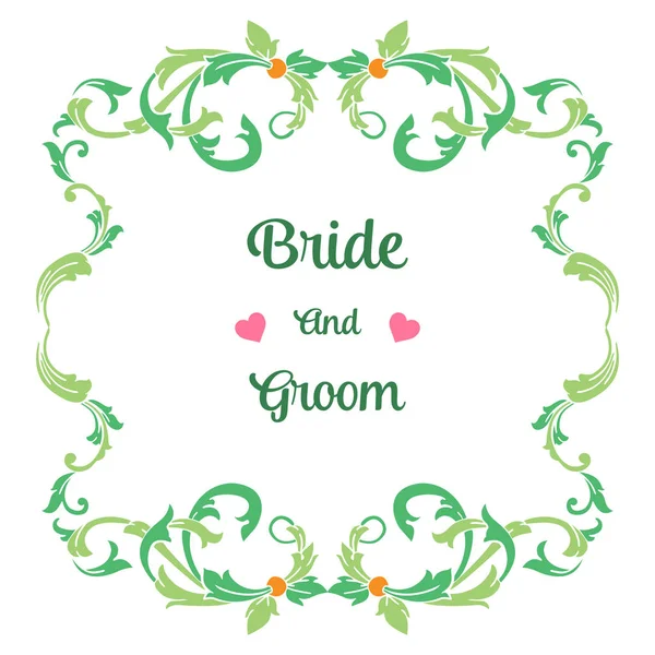 Schriftzug von Braut und Bräutigam, mit Designmuster grün begrünten Blumenrahmen. Vektor — Stockvektor