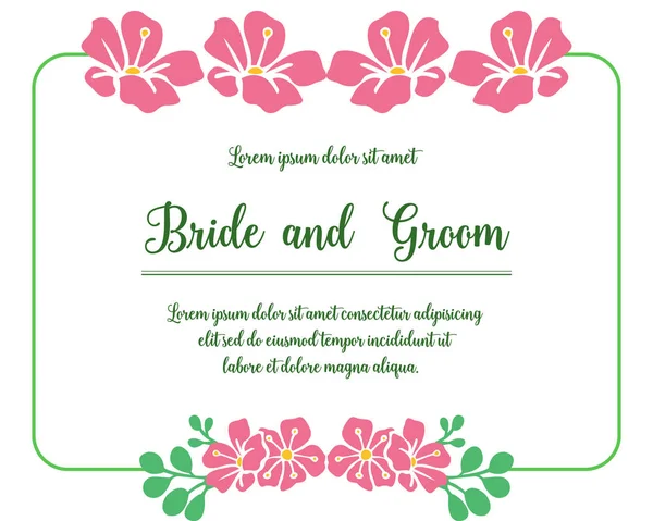 Modelo de noiva de texto de cartão e noivo, com planta de moldura de folhas verdes e flor rosa. Vetor — Vetor de Stock