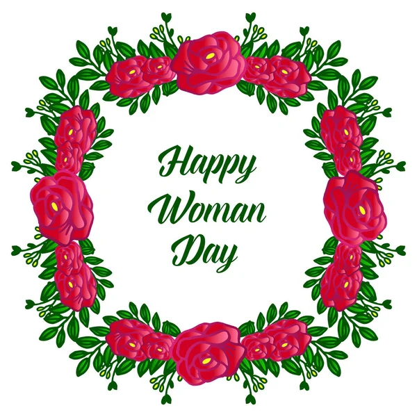 Lettering inbjudan till Happy Woman Day, med textur av blommig ram och gröna blad. Vektor — Stock vektor