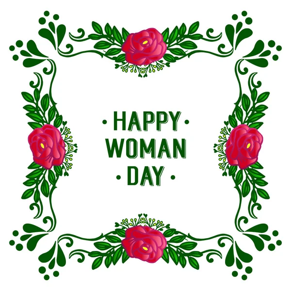 Lettering inbjudan till Happy Woman Day, med textur av blommig ram och gröna blad. Vektor — Stock vektor