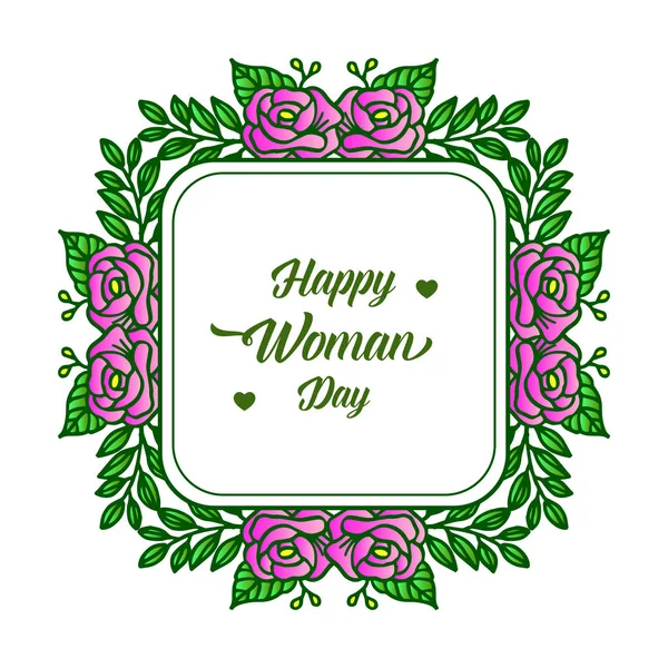 Lettering happy woman day hand drawn, with beautiful purple flower frame. Vector — Stock Vector