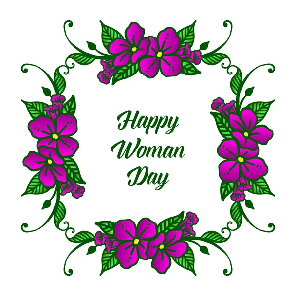 Шаблон пригласительной карточки счастливой женщины с растением в фиолетовой цветочной рамке. Вектор — стоковый вектор