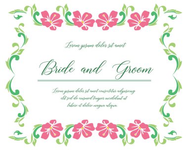 Pembe çiçek çerçeve arka plan dokusu ile kart gelin ve damat süslü. Vektör