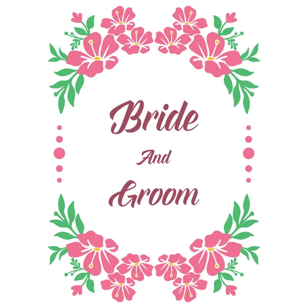 Svatební navštívenku nevěsty a ženicha, pozadí s růžovou květinou a zelené listí. Vektorové — Stockový vektor