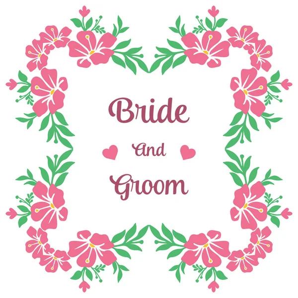 Γαμήλια πρόσκληση κάρτα της νύφης και του γαμπρού, με ροζ φόντο λουλούδι πλαίσιο και πράσινα φύλλα. Διάνυσμα — Διανυσματικό Αρχείο