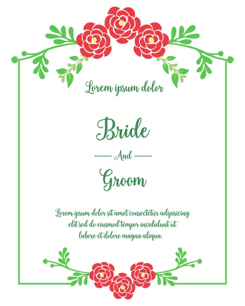 Carta sposa e sposo, con cornice verde carino fiore a foglia. Vettore — Vettoriale Stock