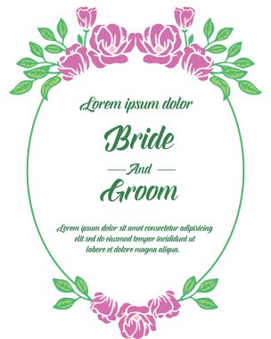 Şablon gelin ve damadın dekorasyonu için mor çiçekli ve yeşil yapraklı şirin bir çerçeve. Vektör