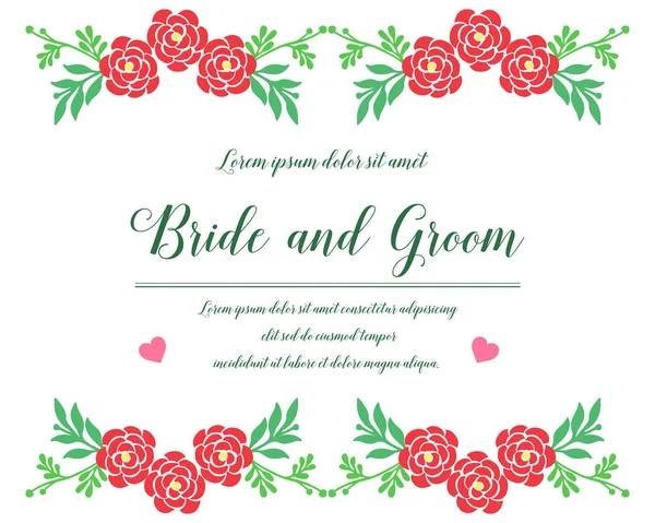 Design template for bride and groom, with abstract red rose flower frame. Vector — Stock Vector