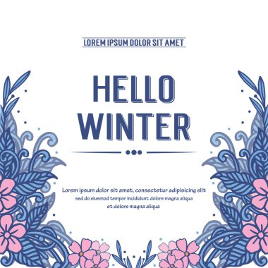 Şirin kart merhaba kış, pembe çiçek çerçeveli ve mavi yapraklı. Vektör