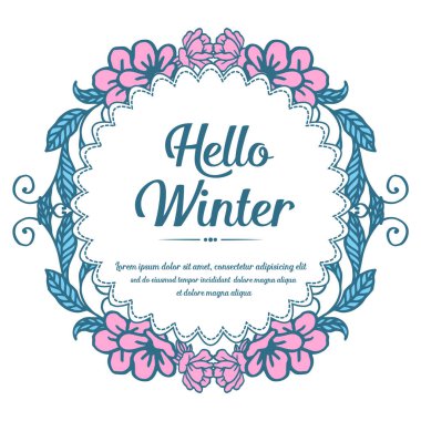 Kart dekorasyonu için pembe çiçek çerçevesi ve mavi yaprakların tasarımı. Merhaba kış. Vektör