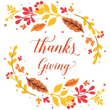 Sonbahar yapraklarından yapılmış duvar kağıtlarıyla dolu bir şükran günü posteri. Vektör