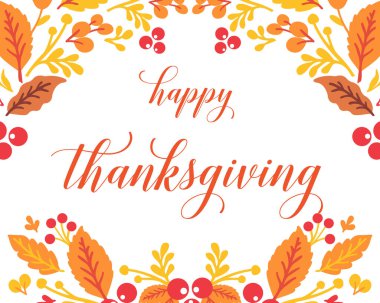 Sonbahar yapraklarının süslendiği şükran gününün el yazısı. Vektör