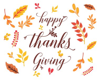 Sonbahar yapraklarının süslendiği şükran gününün el yazısı. Vektör