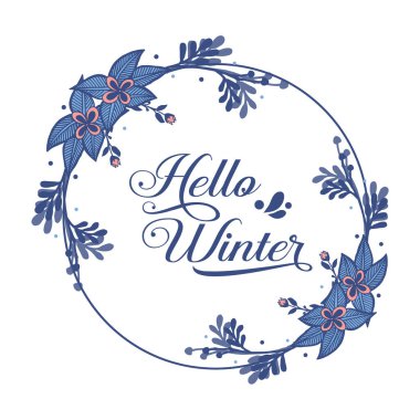 Tebrik kartı tasarla. Merhaba kış, soyut mavi yapraklı çiçek çerçeveli. Vektör