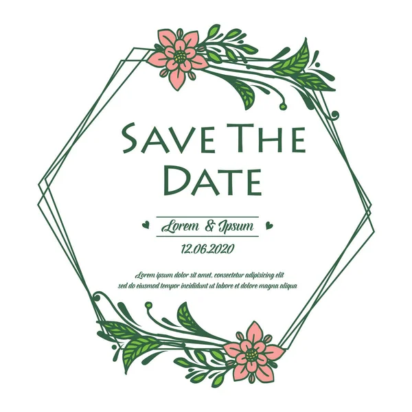 Напишите дату, пригласительный билет на свадьбу, обои из зеленых листьев в цветочной рамке. Вектор — стоковый вектор