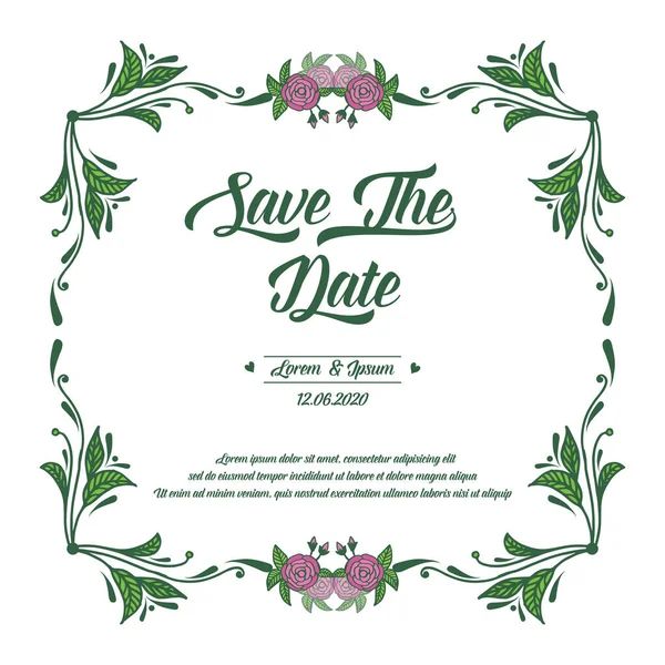 Bröllopsinbjudan spara datumkortet, med prydnad av rosa ros blomma ram. Vektor — Stock vektor