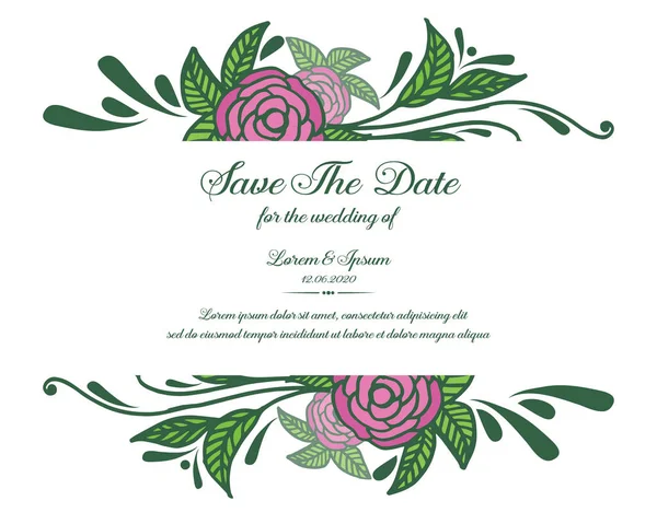 Wedding invitation save the date card, with ornament of pink rose flower frame. Vector — ストックベクタ