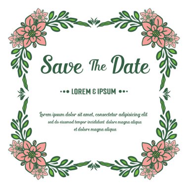 Düğün davetiyesi, tarihi yeşil yapraklı çiçek çerçevesi süsleme unsuruyla kaydet. Vektör