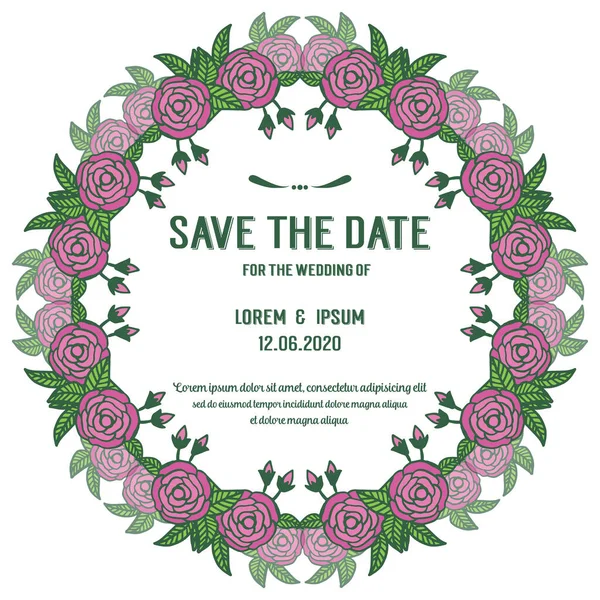 Hochzeitseinladung speichern Sie die Datumskarte, mit Ornament aus rosa Rosenblumenrahmen. Vektor — Stockvektor