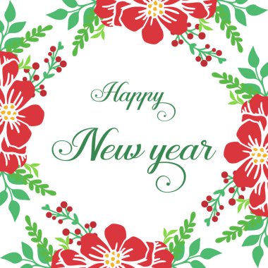 Tebrik kartı için dekorasyon. Mutlu yıllar, pürüzsüz kırmızı çiçek çerçeveli. Vektör