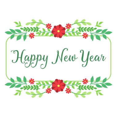 Çeşitli tebrik kartları, yeşil yapraklı ve kırmızı çiçekli mutlu yıllar. Vektör