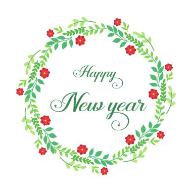 Çeşitli tebrik kartları, yeşil yapraklı ve kırmızı çiçekli mutlu yıllar. Vektör