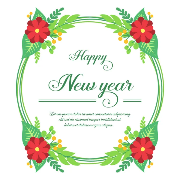 Celebration lettering of happy new year, with decoration of red flower frame. Vector — Stock Vector