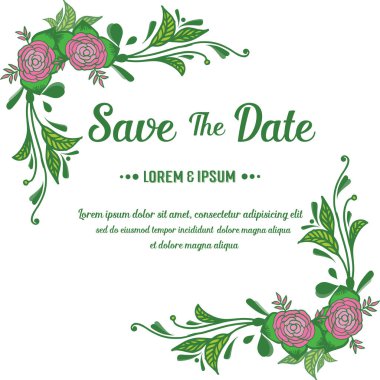 Tebrik kartı şablonu, yeşil yapraklı çerçeve ve pembe gül çiçekli tarihi kaydet. Vektör