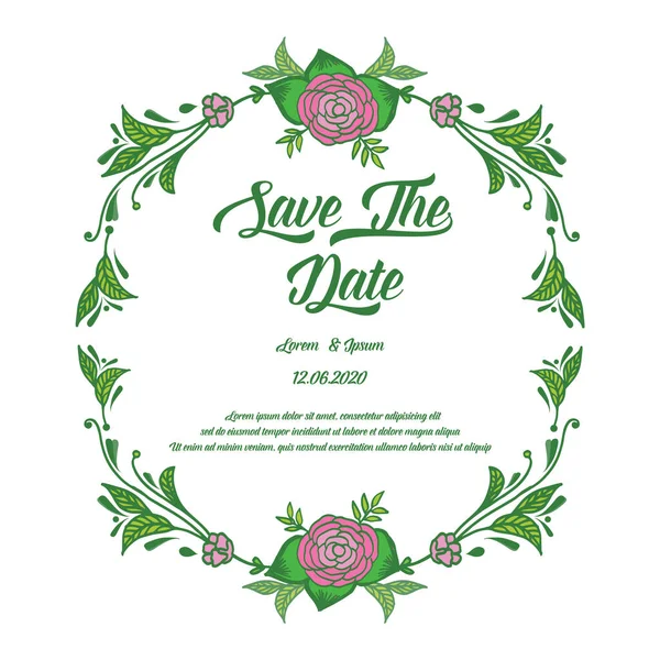 Шаблон поздравительной открытки сохранить дату, с оформлением зеленых листьев рамки и розовый цветок розы. Вектор — стоковый вектор