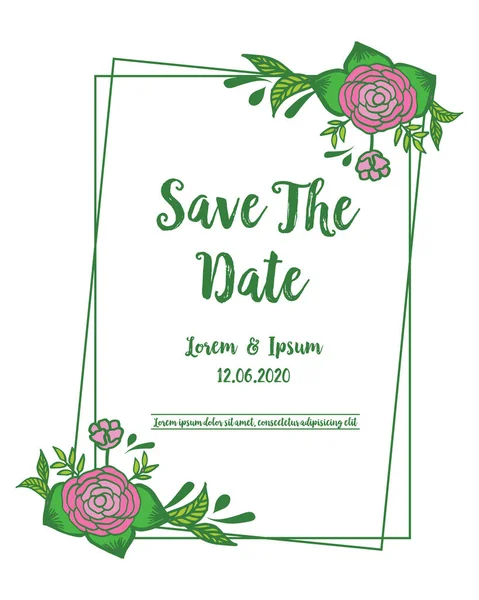 Шаблон поздравительной открытки сохранить дату, с оформлением зеленых листьев рамки и розовый цветок розы. Вектор — стоковый вектор