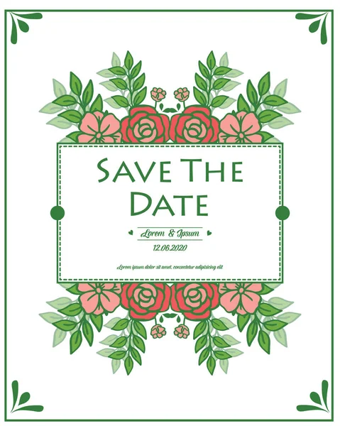 Invitation card wedding save the date, with ornament of green leafy flower frame elegant. Vector — Stock Vector