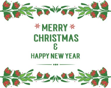 Vintage kart mutlu noeller ve kırmızı çiçek desenli süslemelerle dolu mutlu yıllar. Vektör