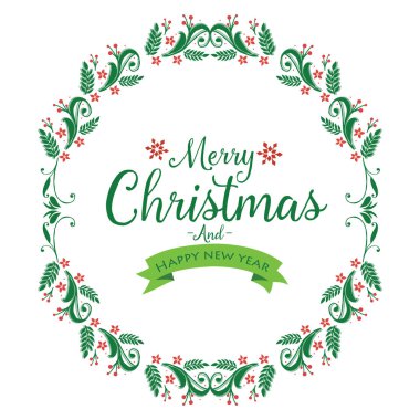 Modern harfler mutlu noeller ve mutlu yeni yıllar, doğa yeşil yapraklı çiçek çerçeveli. Vektör