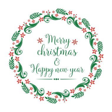 Yazılı mutlu noeller ve yeşil yapraklı çiçek desenli mutlu yıllar. Vektör