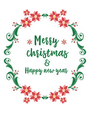 Tebrik kartı tasarımı mutlu noeller ve yeşil yapraklı çiçek çerçeveli mutlu yıllar. Vektör