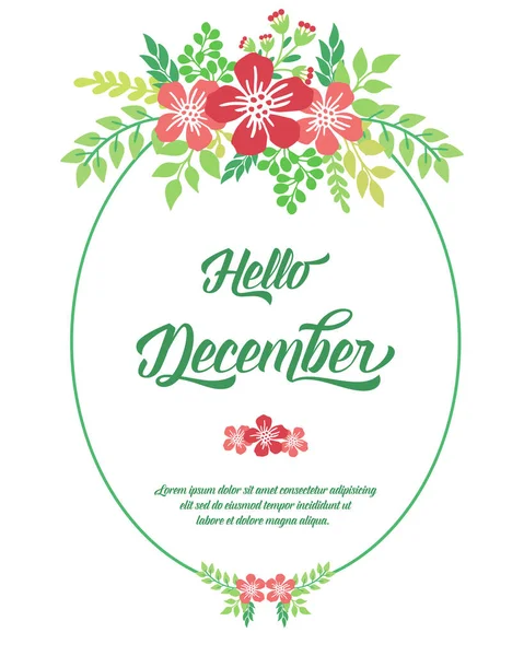 Elemento de letras de hola diciembre, con patrón de marco de flor roja vintage. Vector — Archivo Imágenes Vectoriales