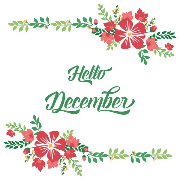 Tarjeta de felicitación caligrafía hola diciembre, con diseño de belleza de marco de flor roja. Vector — Archivo Imágenes Vectoriales