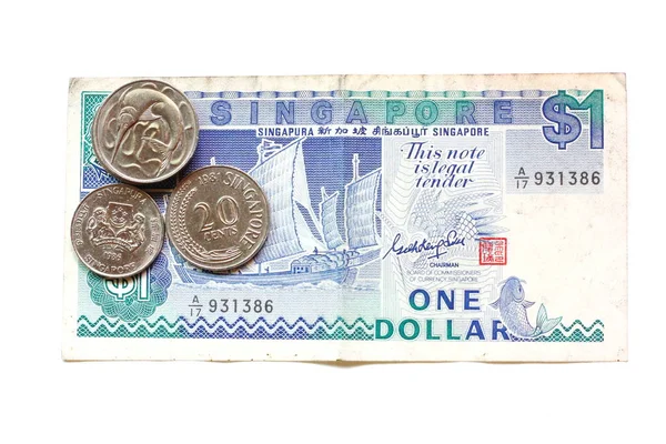 Singapurské Mince Izolovaným Singapurským Dolarem Bílém Pozadí Obchodní Koncepce — Stock fotografie