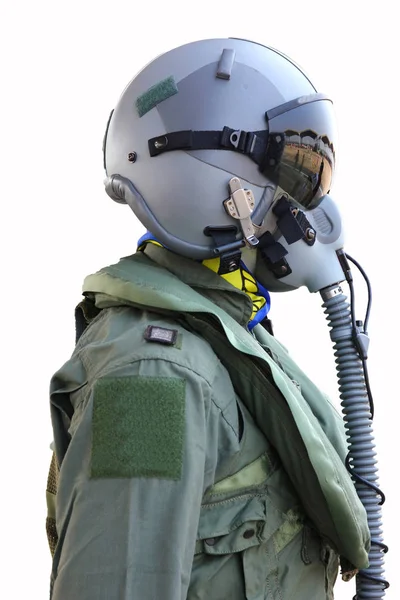 战斗机飞行员头盔和西装隔离在白色背景 — 图库照片