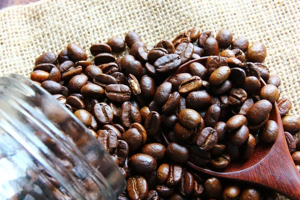Close Roasted Coffee Beans Coffee Beans Glass Bottle Aroma Coffee — Stock Photo, Image