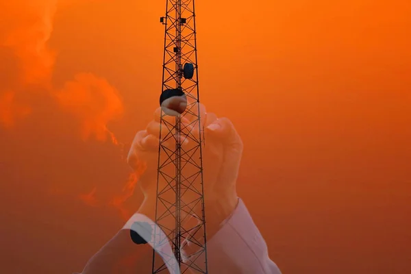 Beautiful sky after sun set with telecommunication pole — Stock Photo, Image