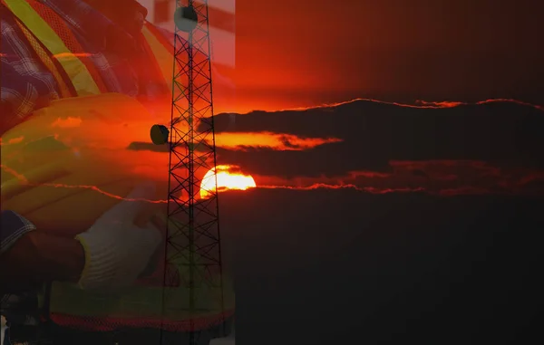 the telacommunication pole or mobile pole with sun set sky backg